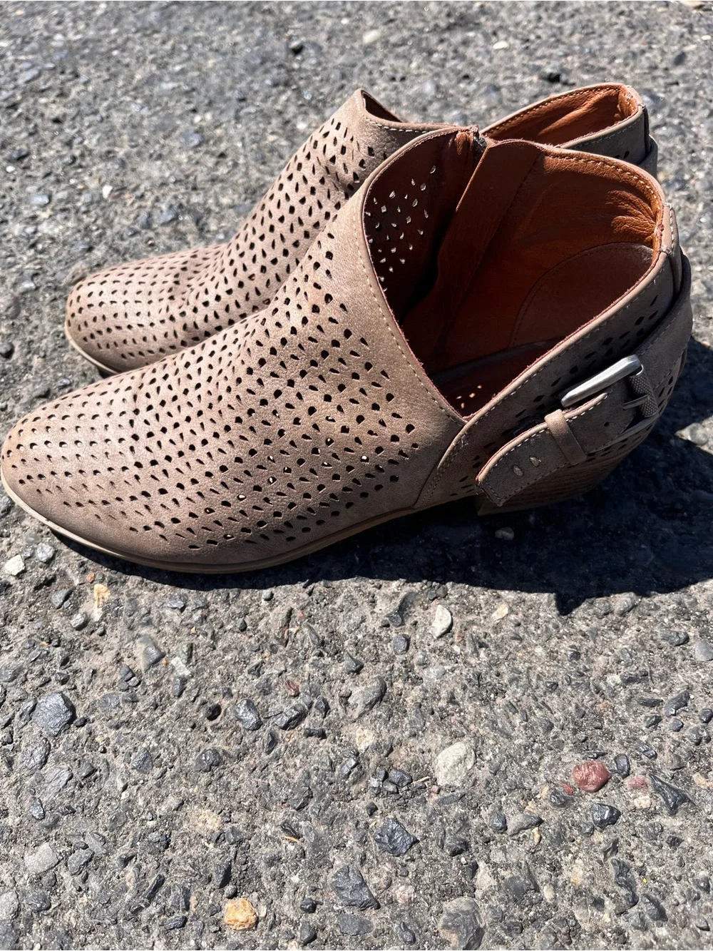 Indigo Taupe Perforated Suede Ankle Booties